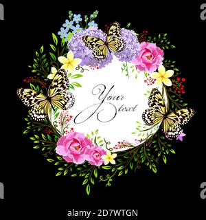 Magnifique cadre fleuri avec différentes fleurs. Carte fleurie avec papillons. Illustration vectorielle Illustration de Vecteur