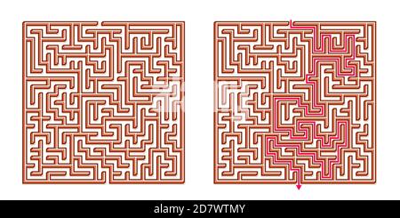 Vector 3D / Isométrique Maze Easy Square - labyrinthe avec solution incluse. Jeu d'esprit amusant et éducatif pour la coordination, la résolution de problèmes, la décision Illustration de Vecteur