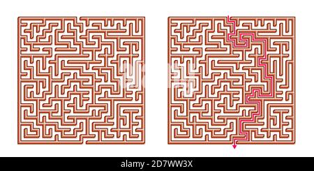 Vector 3D / Isométrique Maze Easy Square - labyrinthe avec solution incluse. Jeu d'esprit amusant et éducatif pour la coordination, la résolution de problèmes, la décision Illustration de Vecteur