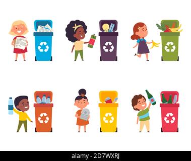 Un groupe d'enfants heureux recueille les déchets Illustration de Vecteur