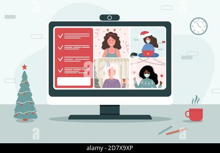 Fête en ligne de Noël. Femmes célébrant la nouvelle année sur le chat vidéo. Illustration de Vecteur
