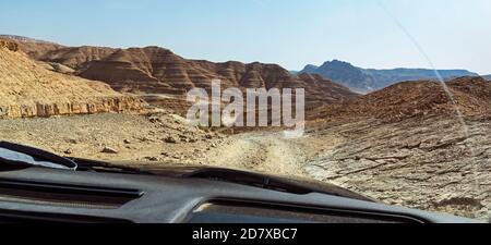 la montée sauvage de la paume de dekalim sur la route de l'encens à le cratère de makhtesh ramon en israël de derrière les stries fenêtre d'un 4x4 Banque D'Images