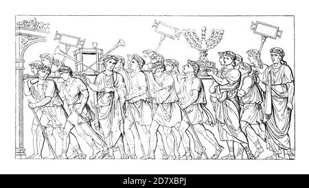 Illustration du XIXe siècle du relief représentant le triomphe de Titus dans l'Arche de Titus. Gravure publiée dans Systematischer Bilder Atlas - Bauwesen, Ikon Banque D'Images