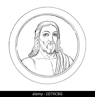 Gravure antique du XIXe siècle représentant le Christ des catacombes de Rome. Illustration publiée dans Systematischer Bilder Atlas - Bauwesen, Ikonogra Banque D'Images