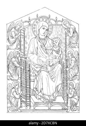 Illustration antique représentant la table de Cimabue, peintre italien du XIIIe siècle. Gravure publiée dans Systematischer Bilder Atlas - Bauwesen, Iko Banque D'Images