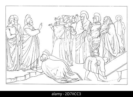 Illustration antique du XIXe siècle représentant l'élévation de Lazarus par Giotto dans la chapelle Scrovegni, Padoue, Italie. Gravure publiée dans Systematischer Banque D'Images