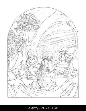 Gravure antique illustrant la Lamentation sur le Christ mort par FRA Angelico, peintre italien de la Renaissance (c. 1395 – 1455). Illustration publiée dans Banque D'Images