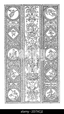 Illustration antique du XIXe siècle représentant un motif arabesque de Raphaël au Palais apostolique, Cité du Vatican, Rome, Italie. Gravure publiée dans Sy Banque D'Images