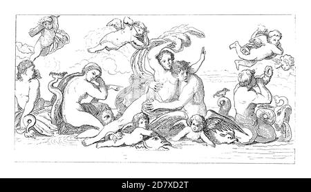 Illustration antique du XIXe siècle représentant Galatea, peinture d'Annibale Carracci. Gravure publiée dans Systematischer Bilder Atlas - Bauwesen, Iko Banque D'Images