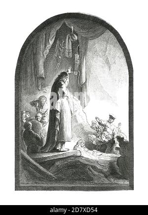 Illustration antique du XIXe siècle représentant l'élévation de Lazarus, peinture de Rembrandt. Il est né le 15 juillet 1606 à Leiden, aux pays-Bas et meurt Banque D'Images