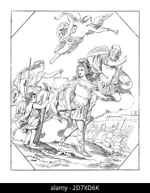 Gravure antique représentant Louis XIV de France, peinture de Charles le Brun. Il est né le 24 février 1619 à Paris, en France, et est décédé le 2 février Banque D'Images