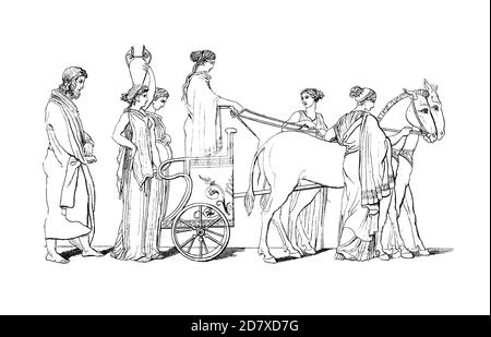 Une illustration antique représentant Odysseus suit le Wagon de Nausicaa, dessin de John Flaxman. Il est né le 6 juillet 1755 à York, en Angleterre, et est mort sur de Banque D'Images