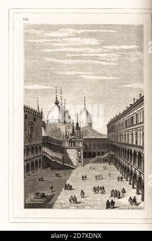 Vue sur la cour intérieure du Palais des Doges, Venise, XVIe siècle. La place est courbée dans l'après-midi avec des nobles menant des affaires juridiques. Le palais dispose de quatre escaliers en marbre, portiques, appartements, quartiers de serviteurs et cellules de prison. Dans un cadre décoratif gravé par H. Catenacci et Fellmann. Gravure de blocs de bois par A. Racinet après une coupe de bois par Christoph Krieger de Cesare Vecellio costumes anciens et modernes du XVIe siècle, Habiti antichi et moderni di tutto il mondo, Firman Didot Ferris fils, Paris, 1859-1860. Banque D'Images