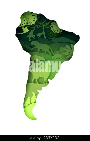 Carte de l'Amérique du Sud continentale avec faune et flore, illustration vectorielle dans le style de l'art papier. Illustration de Vecteur