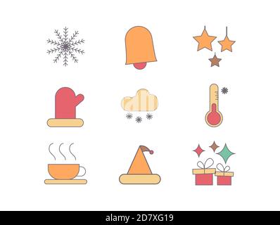 Ensemble d'icônes de Noël d'hiver avec visualisation des flocons de neige, de la cloche, des cadeaux, du café, du Père Noël et des globes Illustration de Vecteur