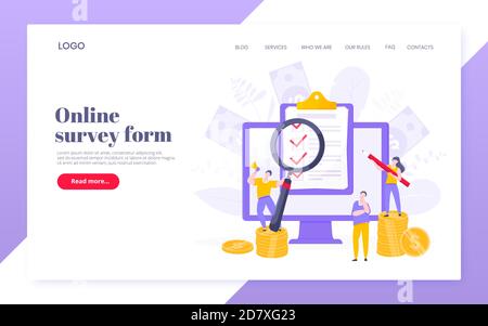 Formulaire d'enquête en ligne ou demande d'examen sur l'écran du moniteur, le formulaire de demande de remboursement, le presse-papiers et les personnes minuscules travaillant ensemble. Illustration de Vecteur