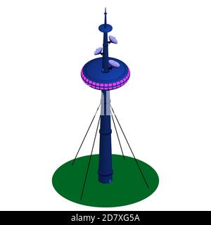 Tour de télévision isométrique détaillée avec plats par satellite et restaurant au-dessus isolé sur blanc. Fixé à l'aide de serre-câbles. Vecteur EPS10. Illustration de Vecteur