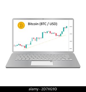 Ordinateur portable avec tableau de prix bitcoin sur l'écran isolé sur blanc. Un ordinateur doté d'un système de négociation de crypto-monnaie. Vue avant. Vecteur EPS10. Illustration de Vecteur
