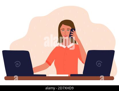 Une femme travaille avec deux ordinateurs portables et parle au téléphone. Concept travail à distance, freelance, entreprise. Illustration vectorielle isolée sur fond blanc. Illustration de Vecteur