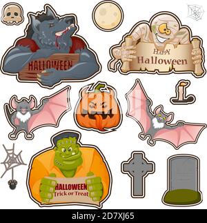 Ensemble d'objets et de créatures liés à l'Halloween : citrouille, loup-garou, monstre de Frankenstein, momie, lune, bougie, araignée, croix et chauve-souris. Ensemble de dessins animés Illustration de Vecteur