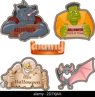 Ensemble de personnages pour Halloween : loup-garou, monstre Frankenstein, momie, chauve-souris. Banderoles d'Halloween style dessin animé Illustration de Vecteur