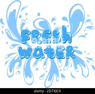 Gouttes d'eau bleues. Inscription eau douce. Illustration de Vecteur