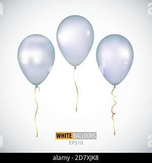 Ballons d'hélium 3D blancs réalistes isolés sur fond blanc. Jeu de ballons brillants pour votre conception. Illustration de Vecteur