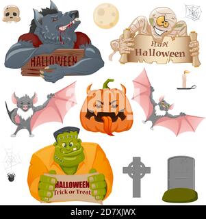 Ensemble d'objets et de créatures liés à l'Halloween : citrouille, loup-garou, monstre de Frankenstein, momie, lune, bougie, araignée, croix et chauve-souris. Ensemble de dessins animés Ha Illustration de Vecteur