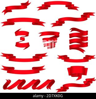 Ensemble de magnifiques rubans rouges festifs. Ensemble de bandeaux rouges pour ruban brillant. Illustration de Vecteur