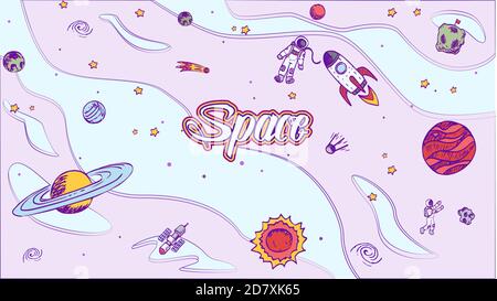 Arrière-plan de l'espace. Arrière-plan de conception d'espace à dessin manuel vectoriel avec lettrage. Modèle mignon avec astronaute, vaisseau spatial, fusée, Lune, trou noir, Soleil, Ma Illustration de Vecteur