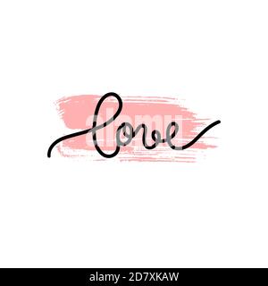 Encre de mot d'amour en noir manuscrit et isolé sur fond blanc avec trait de pinceau rose en arrière-plan. Illustration de Vecteur