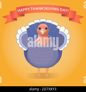 Bonne carte postale du jour de Thanksgiving. Turquie et bande rouge. Arrière-plan de l'automne. Illustration de Vecteur