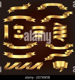 Ensemble de magnifiques rubans dorés festifs. Ensemble de banderoles en ruban brillant doré. Illustration de Vecteur