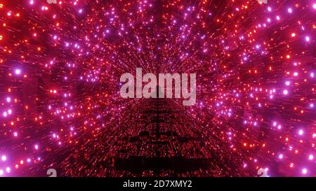 néon rouge brillant et néon rose lumières rayons de lumière de particules sur un tunnel rouge abstrait - une belle 3d fraîche fond d'écran de l'illustration Banque D'Images