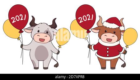 Ensemble de deux vaches de dessin animé portant un costume de Noël et tenant des ballons. Illustration vectorielle dessinée à la main pour les cartes de vœux. Illustration de Vecteur