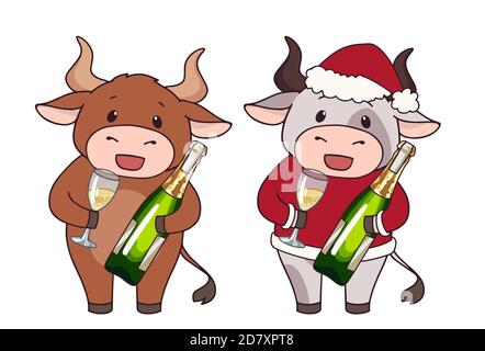 Ensemble de deux vaches de dessin animé portant le costume de Noël et tenant le champagne. Illustration vectorielle dessinée à la main pour les cartes de vœux. Illustration de Vecteur