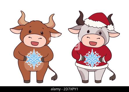 Ensemble de deux vaches de dessin animé portant un costume de Noël et tenant un flocon de neige. Illustration vectorielle dessinée à la main pour les cartes de vœux. Illustration de Vecteur