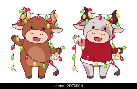 Ensemble de deux vaches de dessin animé portant un costume de Noël et une guirlande de maintien. Illustration vectorielle dessinée à la main pour les cartes de vœux. Illustration de Vecteur