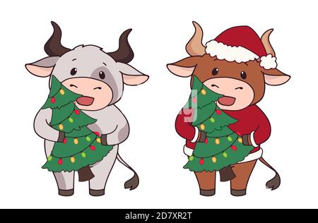 Ensemble de deux vaches de dessin animé portant un costume de Noël et un arbre de tenue. Illustration vectorielle dessinée à la main pour les cartes de vœux. Illustration de Vecteur