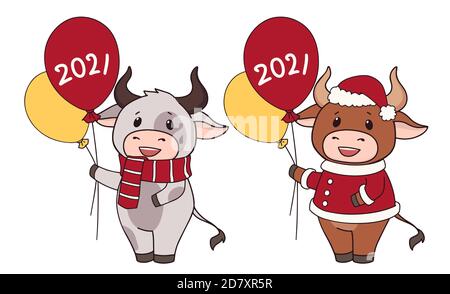 Ensemble de deux vaches de dessin animé portant un costume de Noël et tenant des ballons. Illustration vectorielle dessinée à la main pour les cartes de vœux. Illustration de Vecteur