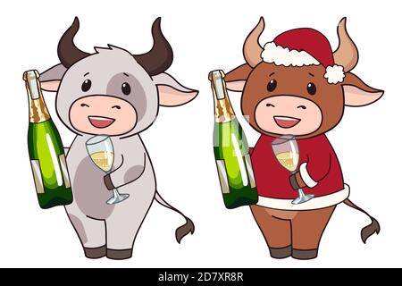 Ensemble de deux vaches de dessin animé portant le costume de Noël et tenant le champagne. Illustration vectorielle dessinée à la main pour les cartes de vœux. Illustration de Vecteur