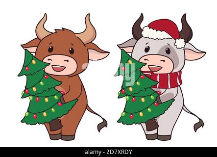 Ensemble de deux vaches de dessin animé portant un costume de Noël et un arbre de tenue. Illustration vectorielle dessinée à la main pour les cartes de vœux. Illustration de Vecteur