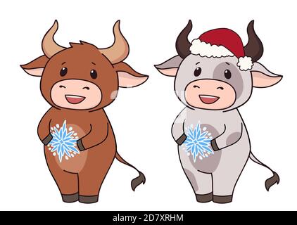 Ensemble de deux vaches de dessin animé portant un costume de Noël et tenant un flocon de neige. Illustration vectorielle dessinée à la main pour les cartes de vœux. Illustration de Vecteur