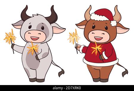 Ensemble de deux vaches de dessin animé portant un costume de Noël et tenant des sparkles. Illustration vectorielle dessinée à la main pour les cartes de vœux. Illustration de Vecteur