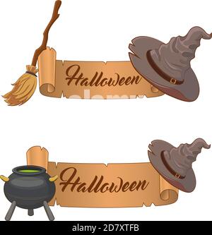 Deux bannières Halloween, isolées sur fond blanc. Bannières de vacances avec balai, pot, potion, chapeau de sorcière pour bannière Web, affiche, carte de voeux, fête Illustration de Vecteur