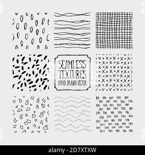 Ensemble de motifs de marqueur tracés à la main sans couture. Fonds sans fin de textures vectorielles simples et épurées avec des lignes, des points et des gribouillages. Illustration de Vecteur