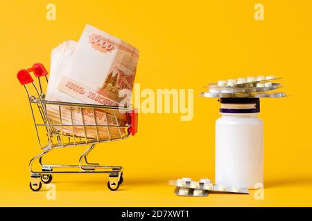 Un panier rempli d'argent et un pot de pilules. Arrière-plan jaune. Gros plan. Concept de coût élevé des médicaments. Banque D'Images
