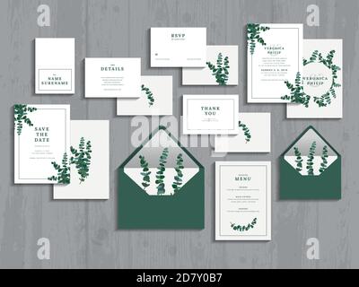 Ensemble de mariage avec feuilles d'eucalyptus et branches dans un style vectoriel plat. Ensemble de feuillage d'eucalyptus d'argent dollar, naturel ensemencé, gunni. Invitation Illustration de Vecteur