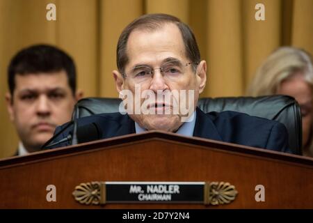 Jerry Nadler, président de la commission, de New York, s'exprime lors d'une allocution prononcée par la Commission judiciaire de la Chambre des représentants des États-Unis pour envisager de soumettre des citations à comparaître devant les responsables de l'administration Trump à Capitol Hill le mercredi 3 avril 2019. Crédit : Alex Edelman/l'accès photo Banque D'Images