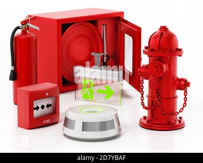 Équipement de sécurité incendie isolé sur fond blanc. Illustration 3D. Banque D'Images